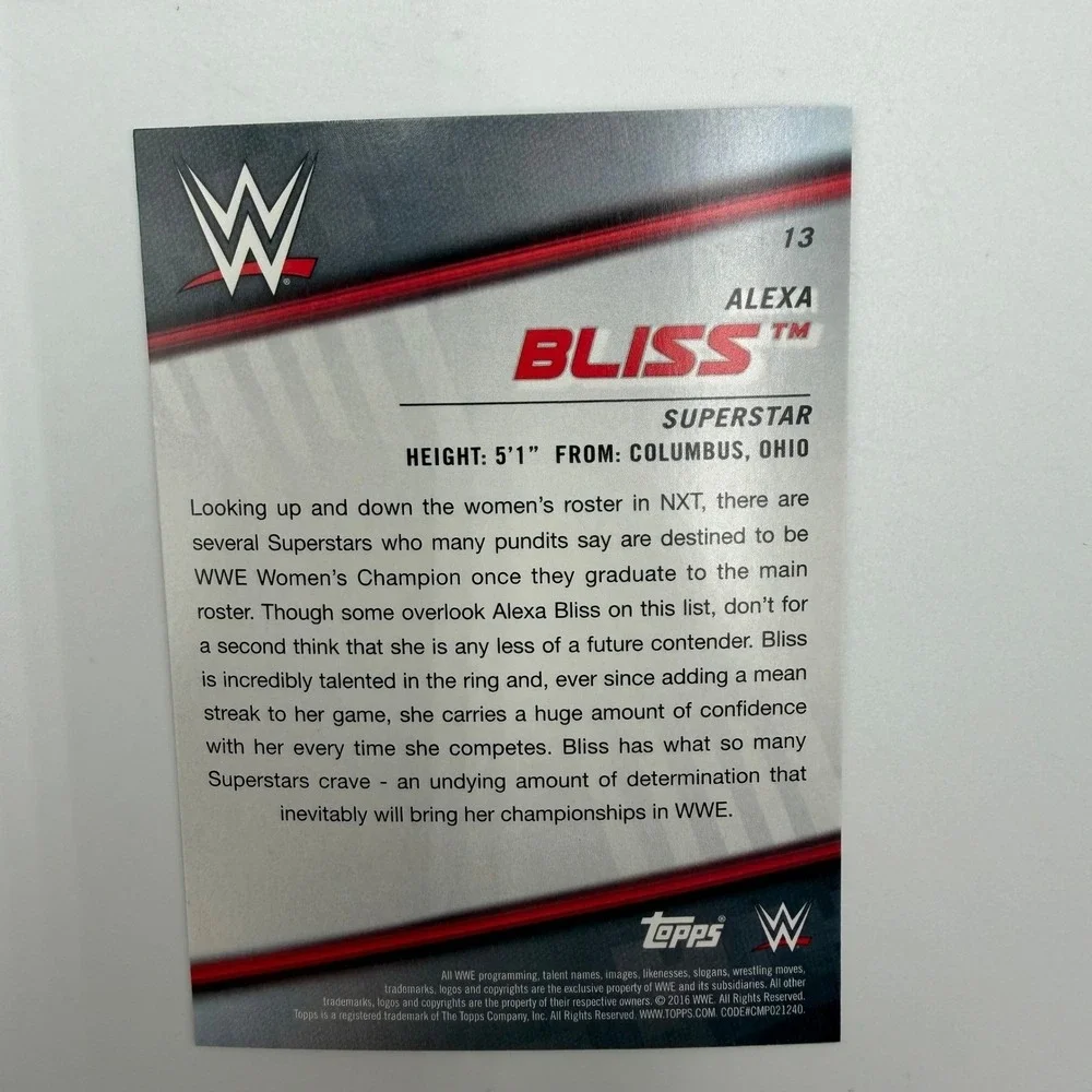 2016 Topps WWE Alexa Bliss Rookie RC Card #13 NXT Superstar Wrestling